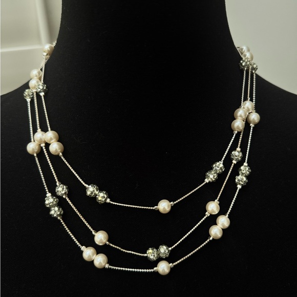 Multi‑Strand Faux Pearl & Rhinestone Layered Necklace – Silver - Picture 1 of 3